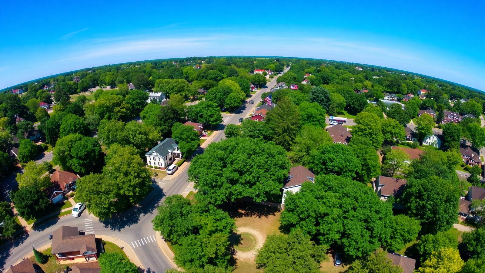 Aerial view of a small American town with a healthy tree canopy